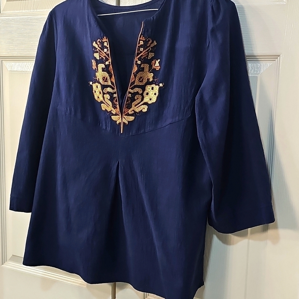 Aleumdr V neck Boho Embroidered Navy Ruffle Sleeve Ethnic Style XL - Picture 2 of 11